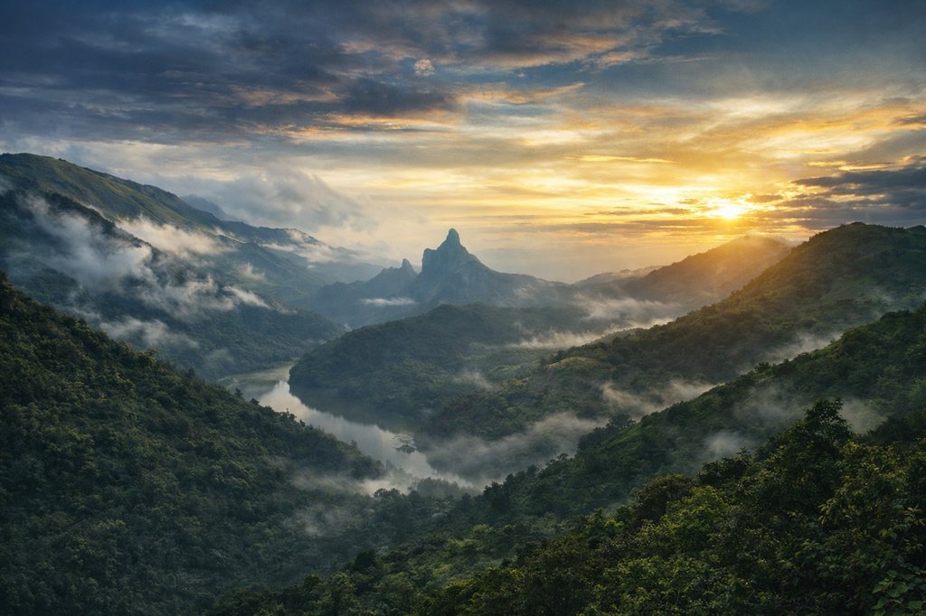 Misty mountain landscape at sunrise evoking the world behind SAYADRI
